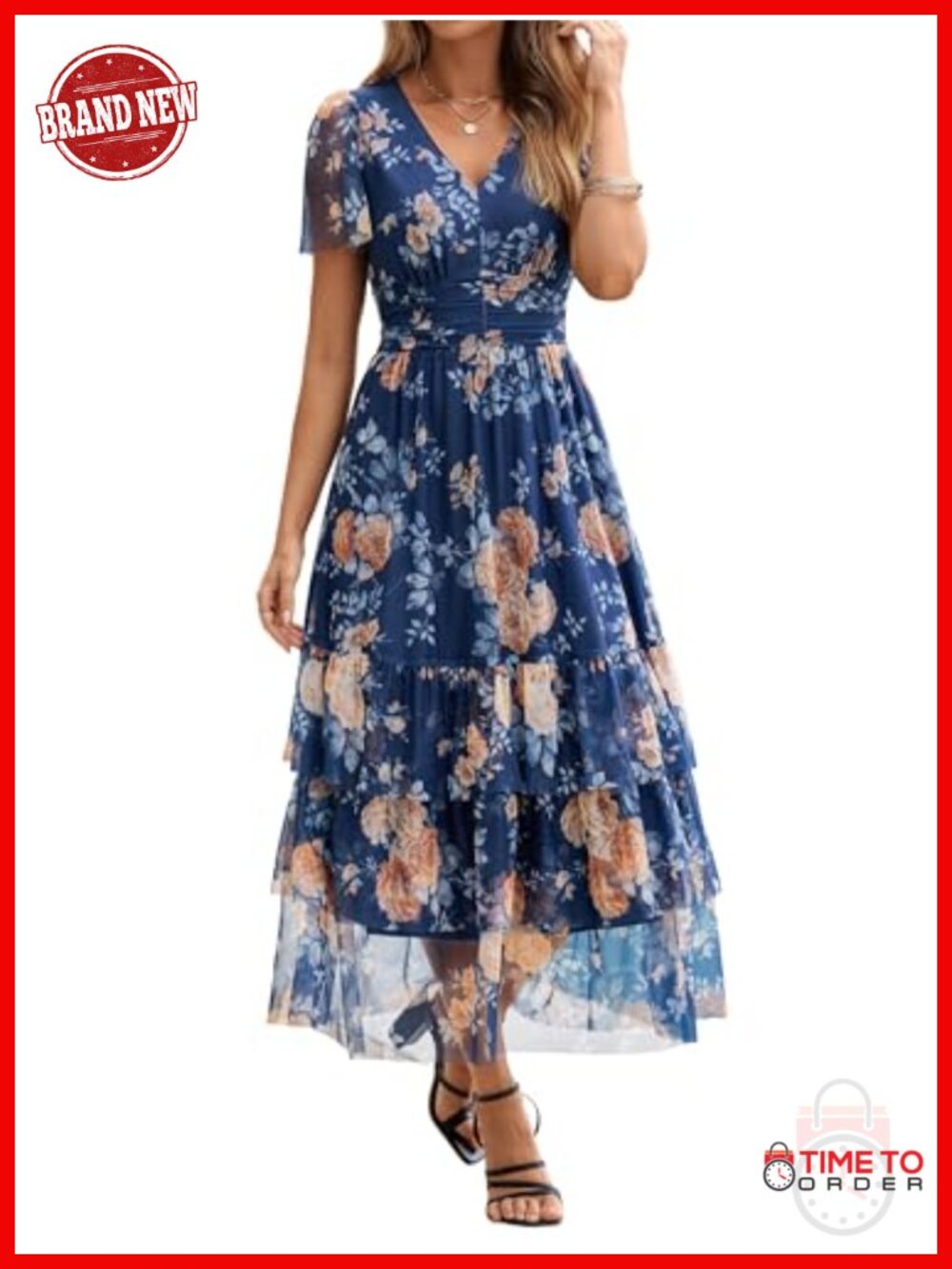 Floral Maxi Dress V Neck Flutter Sleeve Tiered Mesh Wedding Guest